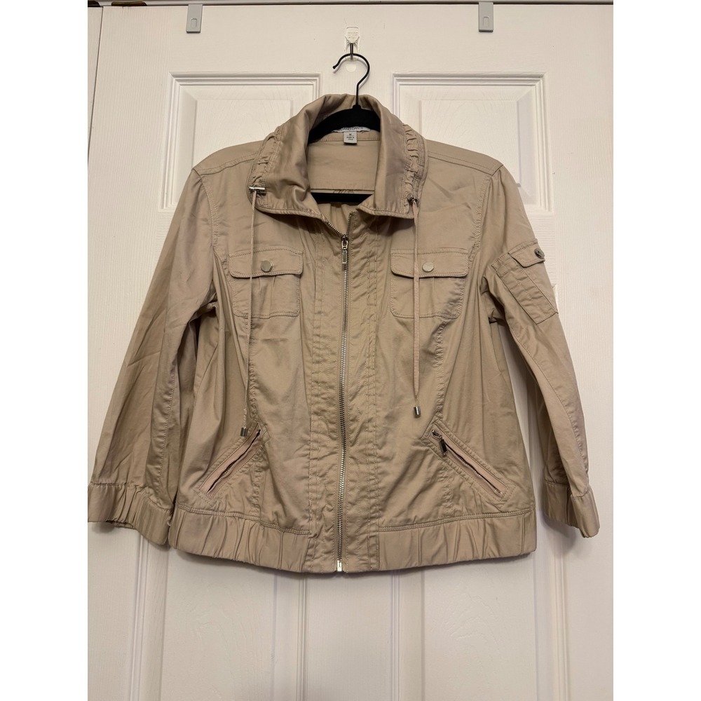 Luciano Dante Women Tan Khaki Utility Jacket Zip Up Funnel Neck Cotton Blend M